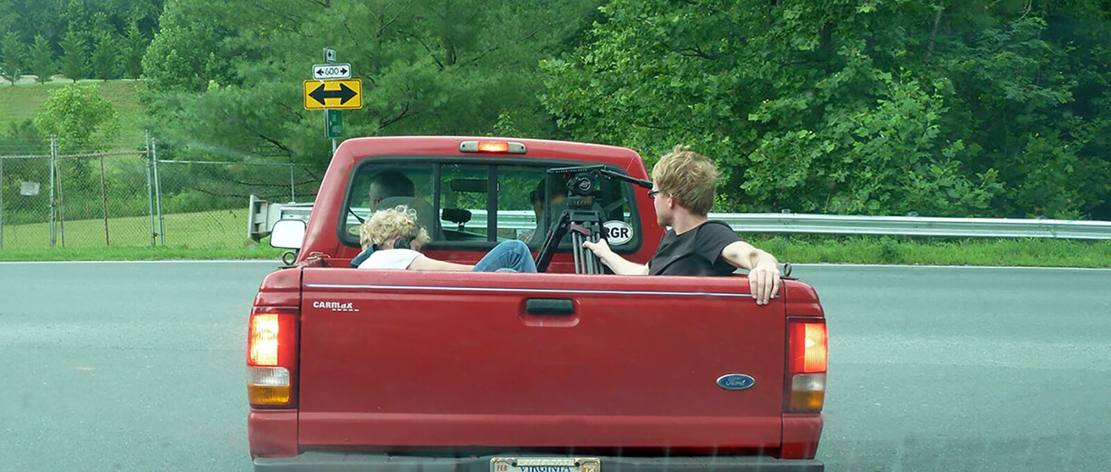 Aljoscha Haupt (sound) and Georg Zengerling (camera) shooting film material in front of the Fluvanna Correctional Center for Women in Troy, Virginia, in which Elizabeth Haysom is detained.