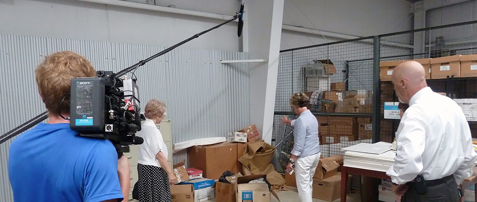 Filming Jens Soering’s lawyer Gail Ball and private investigator Dave Watson in the evidence room in Bedford.