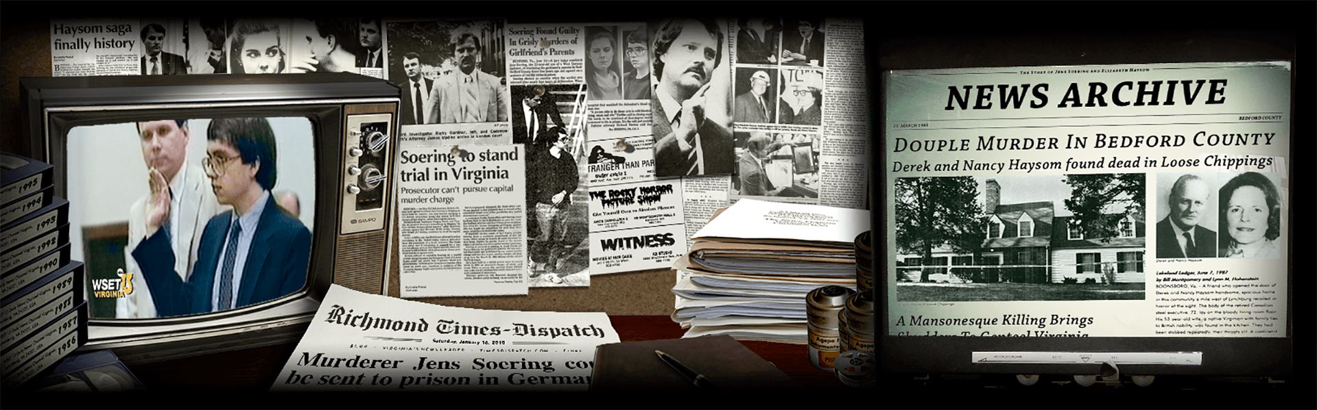 Collage of newspaper articles about the Haysom murders and the Soering trial